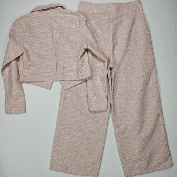 Shein Tweed Two Piece Suit Set Wide Leg Trousers Cropped Blazer Size Medium - Picture 2 of 11